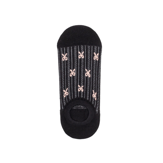 Women's black no show sock with pink bows pattern on sock