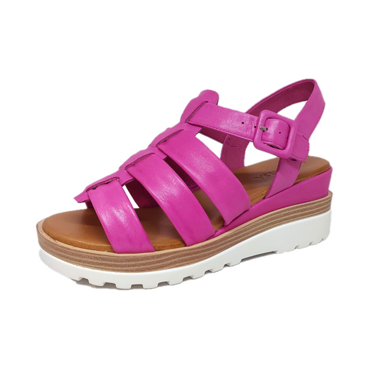 Hot pink leather wedge sandal with buckle strap