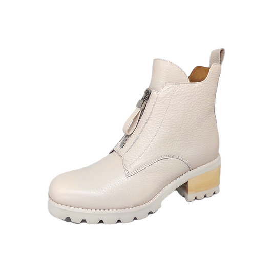 Women's bone leather boot with front zip and low heel