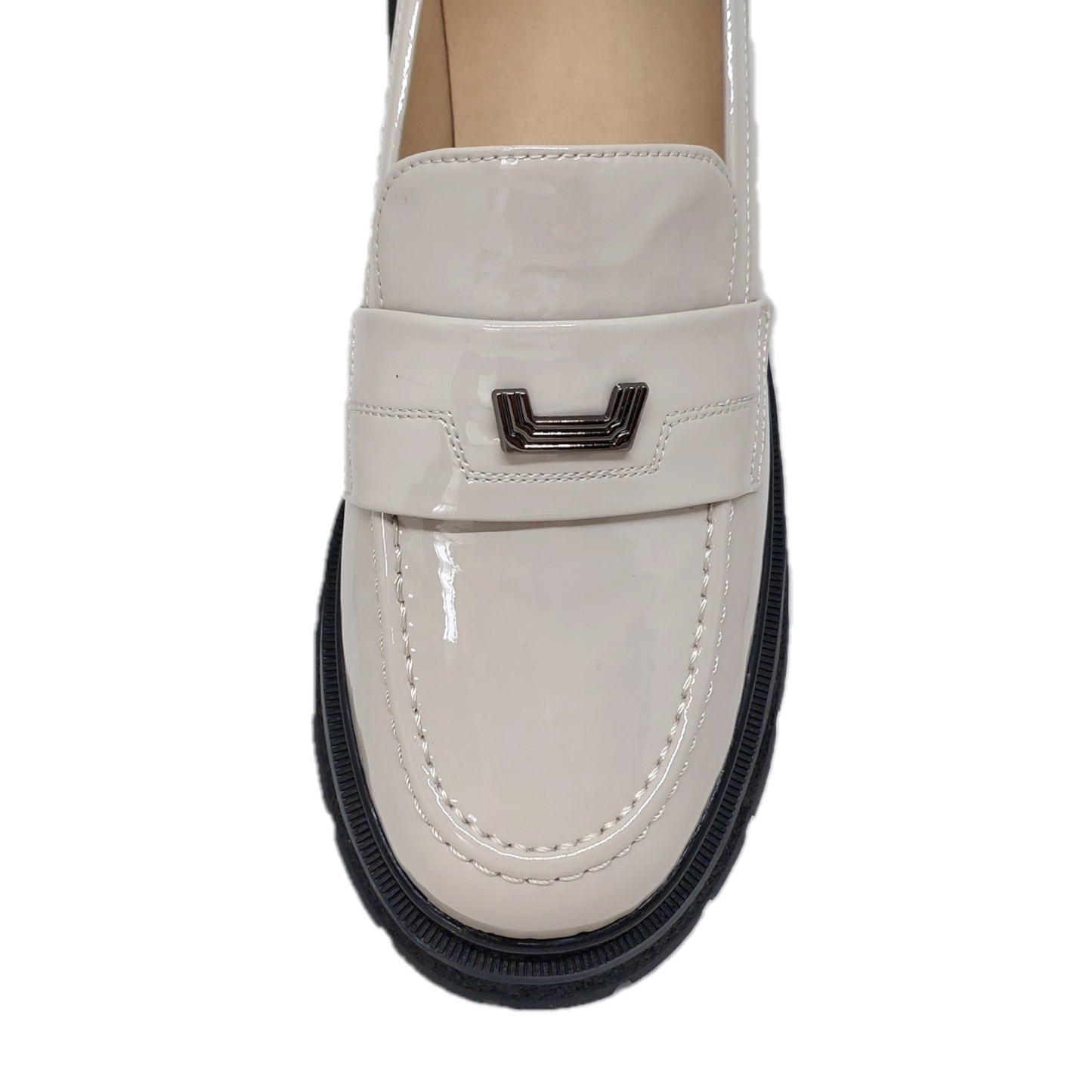 Women's mushroom patent leather loafer with a black rubber sole