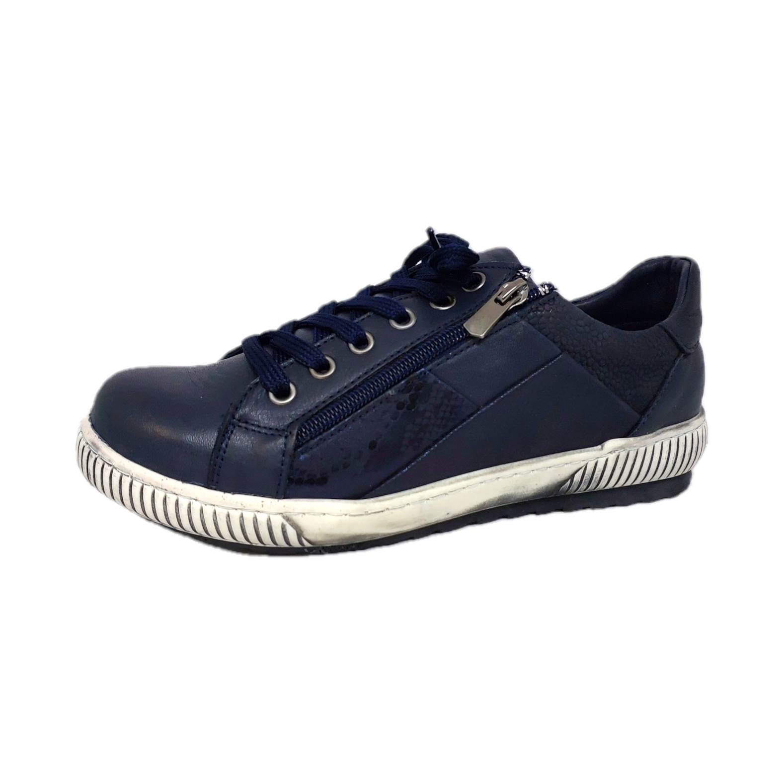 Women's navy leather sneaker with laces and a zip