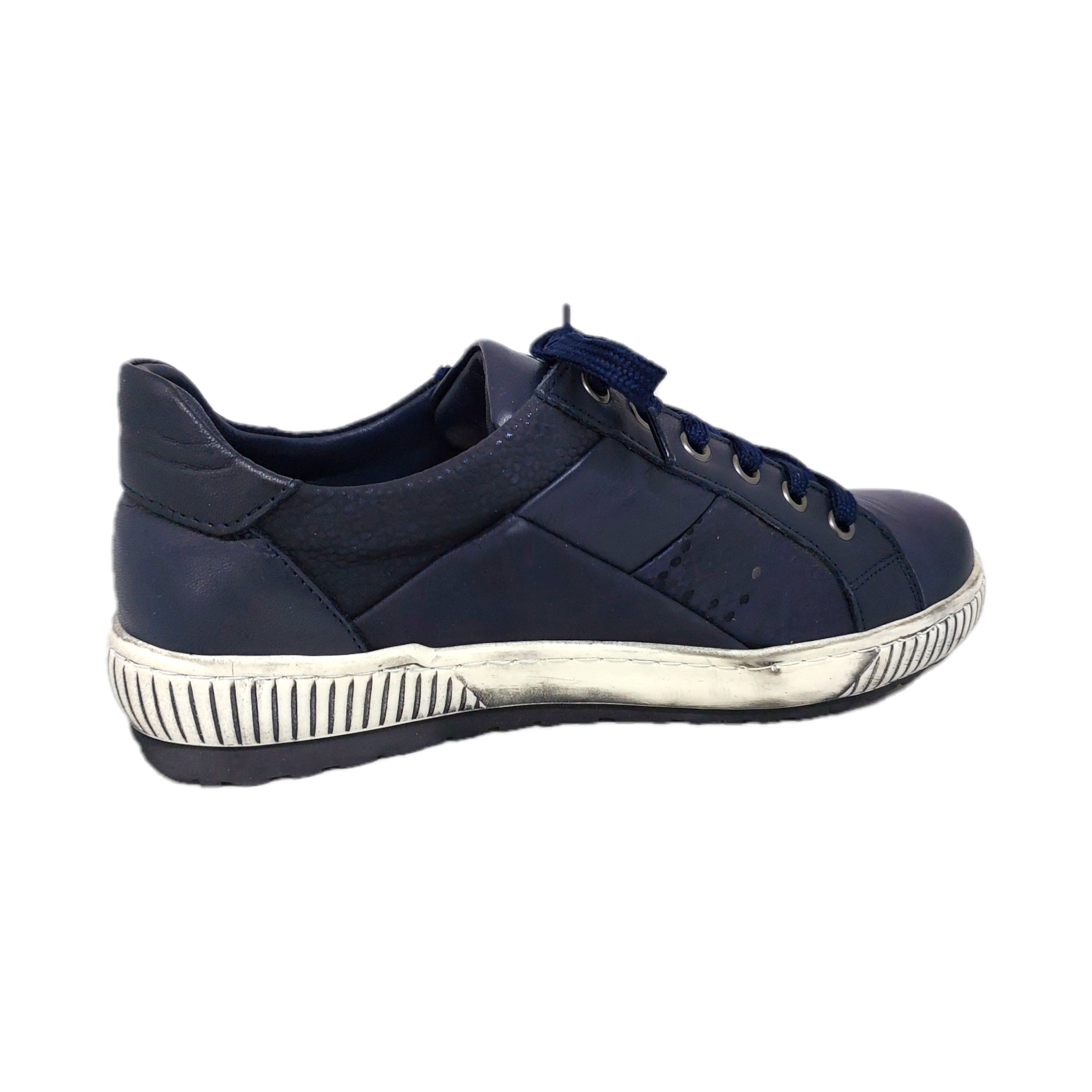 Women's navy leather sneaker with laces and a zip