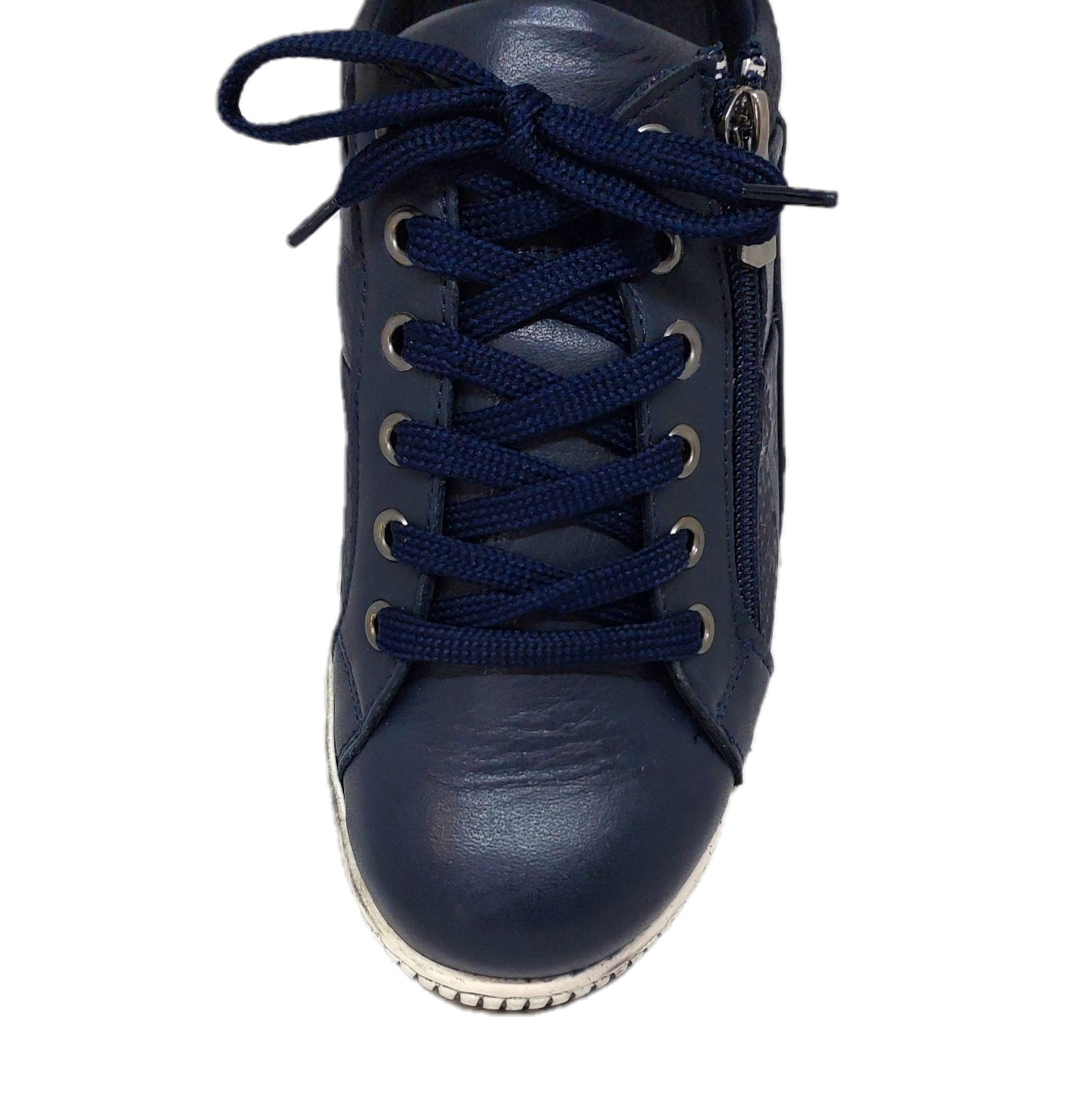 Women's navy leather sneaker with laces and a zip