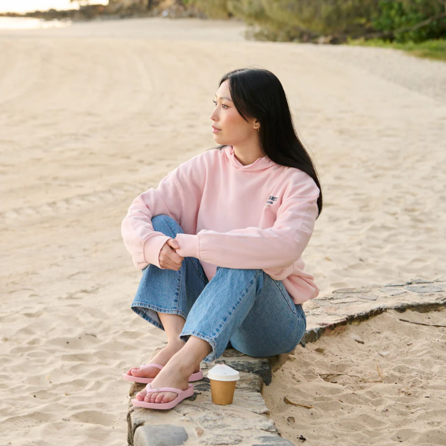 Lifestyle image of pink arch support jandals 