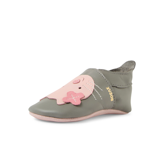 Bobux soft sole grey leather slip on shoe with kitten picture