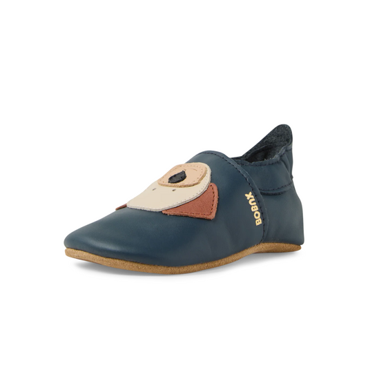 Bobux soft sole navy leather slip on shoe with puppy picture